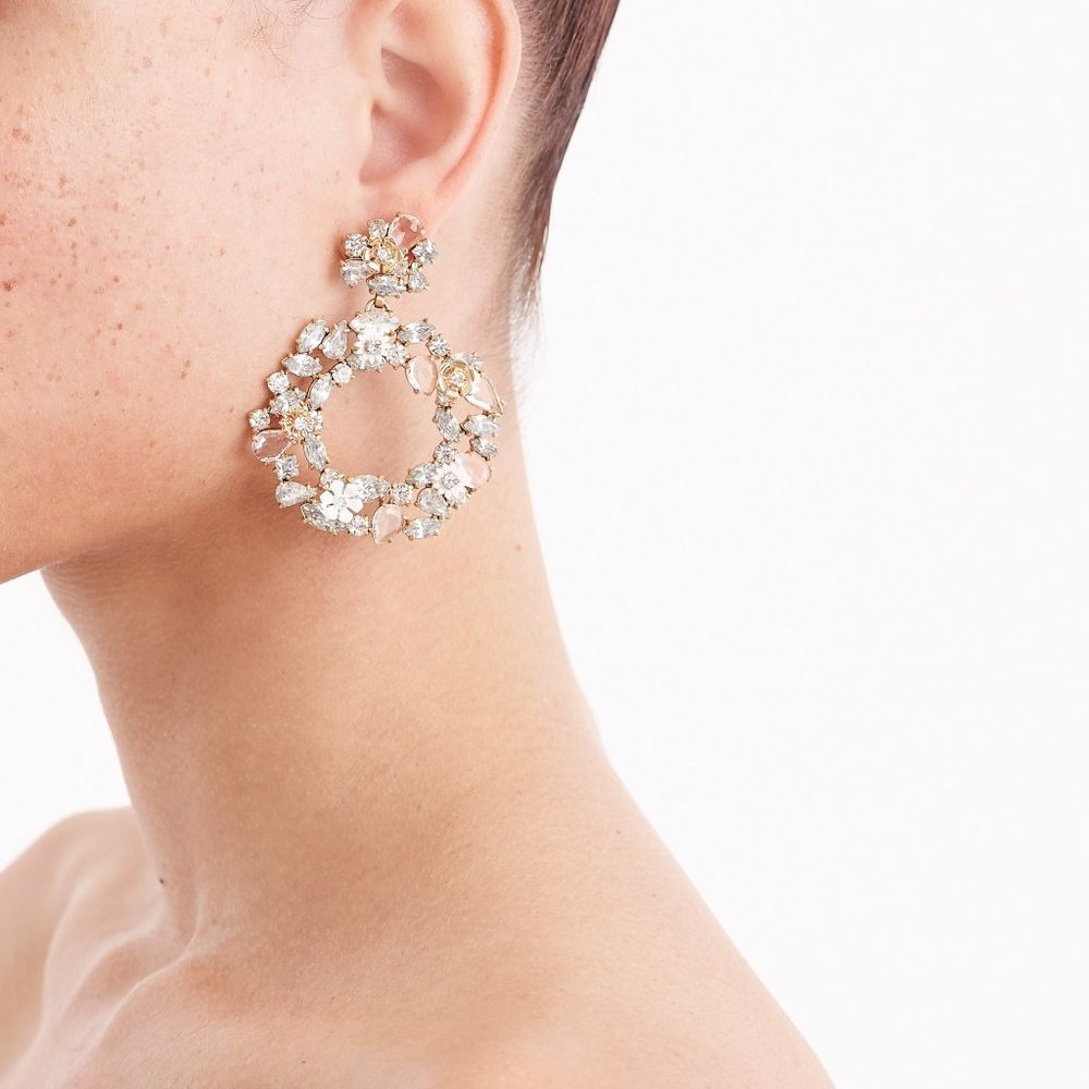 J Crew Floral Hoop Earrings Clear Gold Statement - Picture 2 of 4